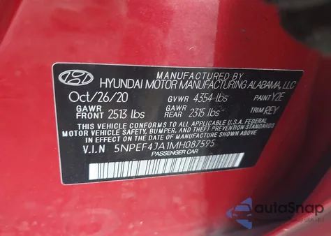 2021 Hyundai Sonata Sel z USA, uszkodzony, nr VIN 5NPEF4JA1MH087595